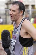25 October 2004; Actor Tony Audenshaw who plays the character Bob Hope in the TV soap Emmerdale is interviewed after finishing the race. adidas Dublin City Marathon 2004. Merrion Square, Dublin. Picture credit; Brendan Moran / SPORTSFILE