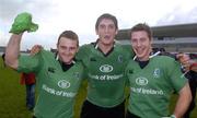 30 October 2004; Connacht players Conor McPhilips (left), James Downey and Ted Robinson (right) celebrate after victory over Narbonne. European Challenge Cup, Connacht v Narbonne, 2nd Leg,  Sportsground, Galway. Picture credit; Damien Eagers / SPORTSFILE