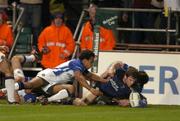 30 October 2004; Gordon D'Arcy, Leinster, goes over for a try. Heineken European Cup 2004-2005, Leinster v Bath, Lansdowne Road, Dublin. Picture credit; Matt Browne / SPORTSFILE