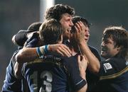 30 October 2004; Shane Horgan, Leinster, celebrates with team-mates after scoring his sides late try. Heineken European Cup 2004-2005, Leinster v Bath, Lansdowne Road, Dublin. Picture credit; Pat Murphy / SPORTSFILE