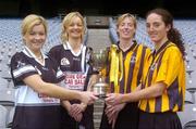 1 November 2004; Aoife Sheehan, left, and her sister Deirdre, second from left, both of Granagh-Ballingarry, Limerick, with Gillian Dillon Maher, second from right and team-mate Imelda Kennedy, right, both of St. Lachtain's of Freshford, Kilkenny, with the Bill Carroll Cup at a photocall ahead of the senior camogie Club Final between Granagh-Ballingarry, Limerick and St. Lachtain's of Freshford, Kilkenny. Croke Park, Dublin. Picture credit; Damien Eagers / SPORTSFILE