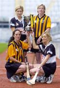 1 November 2004; Aoife Sheehan, Granagh-Ballingarry, Limerick, back left, with Gillian Dillon Maher, St. Lachtain's of Freshford, Kilkenny, back right, and front left, Imelda Kennedy, St. Lachtain's of Freshford, Kilkenny and front right, Deirdre Sheehan from Granagh-Ballingarry, Limerick, and the Bill Carroll cup, at a photocall ahead of the senior camogie club Final between Granagh-Ballingarry, Limerick and St. Lachtain's of Freshford, Kilkenny. Croke Park, Dublin. Picture credit; Damien Eagers / SPORTSFILE