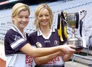 1 November 2004; Granagh-Ballingarry, Limerick, players Aoife Sheehan, left and her sister Deirdre with the Bill Carroll Cup at a photocall ahead of the senior camogie Club Final between Granagh-Ballingarry, Limerick and St. Lachtain's of Freshford, Kilkenny. Croke Park, Dublin. Picture credit; Damien Eagers / SPORTSFILE