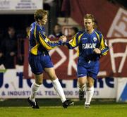 1 November 2004; Dessie Baker, right, Longford Town, celebrates after scoring his sides first goal with team-mate Stephen Paisley. eircom league, Premier Division, Shelbourne v Longford Town, Tolka Park, Dublin. Picture credit; David Maher / SPORTSFILE