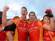 27 October 2013; Castlebar Mitchels players, from left, Barry Moran, Danny Kirby and Ray O'Malley, celebrate at the end of the game. Mayo County Senior Club Football Championship Final, Castlebar Mitchels v Breaffy, Elverys MacHale Park, Castlebar, Co. Mayo. Picture credit: David Maher / SPORTSFILE