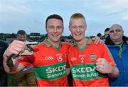 27 October 2013; Rathnew's Leighton Glynn, left, and John Manley celebrate after the final whistle. Wicklow County Senior Club Football Championship Final, Baltinglass v Rathnew, County Grounds, Aughrim, Co. Wicklow. Picture credit: Matt Browne / SPORTSFILE