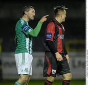 28 October 2013; Jason Byrne, Bray Wanderers, and Chris Deans, Longford Town exchange words. Airtricity League Promotion / Relegation Play-Off Final 1st Leg, Bray Wanderers v Longford Town, Carlisle Grounds, Bray, Co. Wicklow.  Picture credit: David Maher / SPORTSFILE