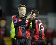 28 October 2013; Chris Deans, Longford Town, celebrates at the end of the game. Airtricity League Promotion / Relegation Play-Off Final 1st Leg, Bray Wanderers v Longford Town, Carlisle Grounds, Bray, Co. Wicklow.  Picture credit: David Maher / SPORTSFILE