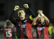 28 October 2013; Chris Deans, Longford Town, celebrates at the end of the game. Airtricity League Promotion / Relegation Play-Off Final 1st Leg, Bray Wanderers v Longford Town, Carlisle Grounds, Bray, Co. Wicklow.  Picture credit: David Maher / SPORTSFILE