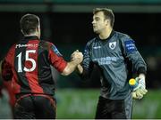 28 October 2013; Chris Bennion, Longford Town goalkeeper celebrates with David O'Sullivan at the end of the game. Airtricity League Promotion / Relegation Play-Off Final 1st Leg, Bray Wanderers v Longford Town, Carlisle Grounds, Bray, Co. Wicklow.  Picture credit: David Maher / SPORTSFILE