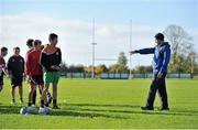 29 October 2013; Leinster CCRO Austin Doyle with participants at a Leinster School of Excellence. Leinster School of Excellence on Tour in Cill Dara, Cill Dara Rugby Club, Co. Kildare.  Picture credit: Barry Cregg / SPORTSFILE