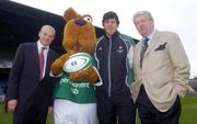5 November 2004; Martin Murphy, Managing Director, HP Ireland Ltd., left, with the Irish mascot, second from left, Ireland rugby international Shane Horgan and IRFU President Barry Keogh, right, at the announcement of HP as the exclusive Technology and Services provider to the IRFU as part of a new 3-year partnership deal. Lansdowne Road, Dublin. Picture credit; Brian Lawless / SPORTSFILE