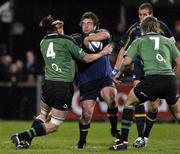 5 November 2004; Aidan McCullen, Leinster, in action against Andrew Farley (4) and Matt Lacey, Connacht. Celtic League 2004-2005, Leinster v Connacht, Donnybrook, Dublin. Picture credit; Brian Lawless / SPORTSFILE