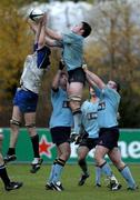 6 November 2004; Simon Crawford, UCD, contests a high ball with John Moloney, Cork Constitution. AIB All-Ireland League 2004-2005, UCD v Cork Constitution, Belfield, Dublin. Picture credit; Damien Eagers / SPORTSFILE