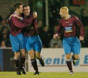 8 November 2004; Andy Myler, centre, Drogheda United, celebrates after scoring his sides first goal with team-mates Dave Freeman, left and Declan O'Brien. eircom league, Premier Division, Cork City v Drogheda United, Turners Cross, Cork. Picture credit; David Maher / SPORTSFILE