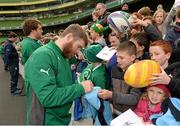 29 October 2013; Ireland's Gordon D'Arcy signs autographs following an Ireland Open Training Session ahead of their Guinness Series International game against Samoa, on Saturday 9 November. Aviva Stadium, Lansdowne Road, Dublin. Picture credit: Stephen McCarthy / SPORTSFILE