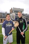 18 October 2013; James Skehill, Galway, and the Lacrosse  goalkeeper Conor Kelly during a run out on the Lacrosse pitch ahead of the Celtic Champions Classic Super Hurling 11s Tournament on Sunday. Lacrosse Pitch, University of Notre Dame, Chicago, USA.