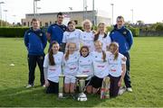 30 October 2013; Leinster academy players, Sam Coghlan Murray, Jordan Coghlan and Edward Byrne with participants at a Leinster School of Excellence, back row, from left, Caitriona Barry, Aoibhín Dwan and Afric O'Leary Deane, with, front, from left, Eve Higgins, Lori-Ann Taylor, Claudia Alonso, Sophie Farnan and Fearthainn Sweeney Casey. Leinster School of Excellence on Tour in Railway Union RFC, Dublin. Picture credit: Brendan Moran / SPORTSFILE