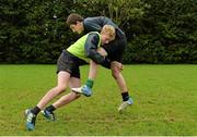 30 October 2013; Michael Wafer tackles Cameron Reynolds during a Leinster School of Excellence on tour in Gorey RFC, Co. Wexford. Picture credit: Matt Browne / SPORTSFILE