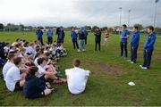 30 October 2013; Leinster Academy players Jordan Coghlan, Edward Byrne and Sam Coghlan Murray speaking to participants at a Leinster School of Excellence. Leinster School of Excellence on Tour in Railway Union RFC, Dublin. Picture credit: Brendan Moran / SPORTSFILE