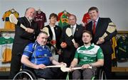 30 October 2013; The M. Donnelly Wheelchair Hurling Inter-Provinical was launched today by Uachtarán Chumann Lúthchleas Gael Liam Ó Néill in Croke Park. Pictured in attendance at the launch are, back row, from left, Martin Donnelly, President of the Camogie Association Aileen Lawlor, Uachtarán Chumann Lúthchleas Gael Liam Ó Néill and Senator Martin Conway. Front row, from left, Steven Casey, Munster, and Daniel Jordan, Leinster. M. Donnelly Interprovincial Wheelchair Hurling Launch, Croke Park, Dublin. Picture credit: Barry Cregg / SPORTSFILE