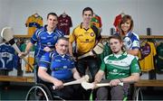 30 October 2013; The M. Donnelly Wheelchair Hurling Inter-Provinical was launched today by Uachtarán Chumann Lúthchleas Gael Liam Ó Néill in Croke Park. Pictured in attendance at the launch are, back row, from left, Clare hurler Colin Ryan, Antrim hurler Neil McManus, and Galway camogie player Heather Cooney. Front row, from left, Steven Casey, Munster, and Daniel Jordan, Leinster. M. Donnelly Interprovincial Wheelchair Hurling Launch, Croke Park, Dublin. Picture credit: Barry Cregg / SPORTSFILE