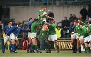 4 January 1997; Ireland's David Corkery takes the ball in the lineout helped by Anthony Foley, left, and Nick Popplewell. Ireland v Italy, Friendly Rugby International, Lansdowne Road, Dublin. Picture Credit; Brendan Moran / SPORTSFILE