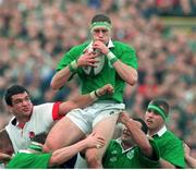 15 February 1997; Paddy Johns, Ireland, in action against Martin Johnson, England. Five Nations Rugby Championship, Ireland v England, Lansdowne Road, Dublin. Picture credit: David Maher / SPORTSFILE