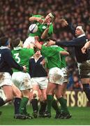 1 March 1997; Jeremy Davidson, Ireland, wins possession in the line-out. Five Nations Championship, Scotland v Ireland, Murrayfield, Edinburgh, Scotland. Rugby. Picture credit; Ray McManus / SPORTSFILE