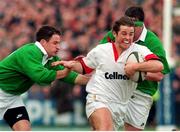 15 February 1997; Andrew Gomarsall, England, is tackled by Ireland's David Humphreys, left, and Jeremy Davidson. Five Nations Rugby Championship, Ireland v England, Lansdowne Road, Dublin. Picture credit: David Maher / SPORTSFILE