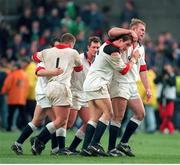 15 February 1997; England players including Graham Rowntree, Paul Grayson, Lawrence Dallagliio and Tim Rodber celebrate after the game. Five Nations Rugby Championship, Ireland v England, Lansdowne Road, Dublin. Picture credit: Brendan Moran / SPORTSFILE