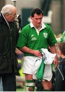 15 February 1997;Eric Elwood leaves the field assisted by the team doctor. Five Nations Rugby Championship, Ireland v England, Lansdowne Road, Dublin. Picture credit: David Maher / SPORTSFILE