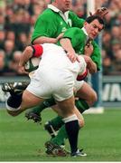 15 February 1997; Eric Elwood, Ireland, in action against Andrew Gomarsall, England. Five Nations Rugby Championship, Ireland v England, Lansdowne Road, Dublin. Picture credit: Brendan Moran / SPORTSFILE
