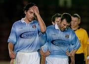 9 November 2004; Dejected Dublin City players Robert Farrell, left, and Don Tiernay, after defeat to Longford Town. eircom league, Premier Division, Longford Town v Dublin City, Flancare Park, Longford. Picture credit; David Maher / SPORTSFILE