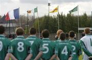 13 November 2004; The Leinster team stand for the National Anthem in front of the French, Irish, Ulster and Leinster flags. Martin Donnelly and Co. Interprovincial Football Championship Final, Leinster v Ulster, Stade Yves Du Manoir, Paris, France. Picture credit; Damien Eagers / SPORTSFILE