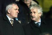 16 November 2004; Milo Corcoran, President of the Football Association of Ireland, right, in conversation with An Taoiseach Bertie Ahern T.D, during half-time. International Friendly, Republic of Ireland v Croatia, Lansdowne Road, Dublin. Picture credit; David Maher / SPORTSFILE