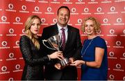 2 November 2013; Aileen Reid, left, is presented with her Vodafone Athlete of the Year award at the Triathlon Ireland Awards Dinner in the Aviva Stadium on Saturday night by Minister for Transport, Tourism and Sport Leo Varadkar T.D., and Anne O’Leary, CEO of Vodafone Ireland. Triathlon Ireland Awards Dinner 2013, sponsored by Vodafone, Aviva Stadium, Lansdowne Road, Dublin. Photo by Sportsfile
