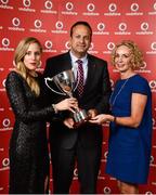 2 November 2013; Aileen Reid, left, is presented with her Vodafone Athlete of the Year award at the Triathlon Ireland Awards Dinner in the Aviva Stadium on Saturday night by Minister for Transport, Tourism and Sport Leo Varadkar T.D., and Anne O’Leary, CEO of Vodafone Ireland. Triathlon Ireland Awards Dinner 2013, sponsored by Vodafone, Aviva Stadium, Lansdowne Road, Dublin. Photo by Sportsfile