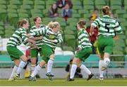 3 November 2013; Emma Mullin, 3rd from left, Castlebar Celtic, is congratulated by her team-mates after scoring her side's first and equalising goal against Raheny United. 2013 FAI Umbro Women’s Senior Cup Final, Raheny United v Castlebar Celtic, Aviva Stadium, Lansdowne Road, Dublin. Picture credit: Brendan Moran / SPORTSFILE