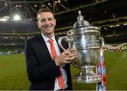 3 November 2013; Sligo Rovers manager Ian Baraclough celebrates with the FAI Ford Cup after the game. FAI Ford Cup Final, Drogheda United v Sligo Rovers, Aviva Stadium, Lansdowne Road, Dublin. Picture credit: David Maher / SPORTSFILE