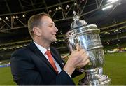 3 November 2013; Sligo Rovers manager Ian Baraclough celebrates with the FAI Ford Cup after the game. FAI Ford Cup Final, Drogheda United v Sligo Rovers, Aviva Stadium, Lansdowne Road, Dublin. Picture credit: David Maher / SPORTSFILE