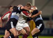 19 November 2004; Campbell Feather, Ulster, in action against Ben Evans, left and Nick MacLeod, Cardiff Blues. Celtic League 2004-2005, Ulster v Cardiff Blues, Ravenhill, Belfast. Picture credit; Matt Browne / SPORTSFILE