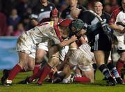 19 November 2004; Campbell Feather (8) and Rowan Frost, Ulster, in action against Ben Evans, Cardiff Blues. Celtic League 2004-2005, Ulster v Cardiff Blues, Ravenhill, Belfast. Picture credit; Matt Browne / SPORTSFILE