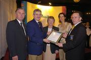 19 November 2004; Catherine Farrell, Lady Captain, and Paddy Clarke, right, Captain, Clones Golf Club, who were presented with the AIB Ulster Enviroment Award by Albert Lee, left, President, GUI, Ita  Butler, centre, President, ILGU, and Billy Andrews, General Manager, AIB, at the 2004 AIB Golf Club of the Year Awards. AIB Bankcentre, Ballsbridge, Dublin. Picture credit; Ray McManus / SPORTSFILE