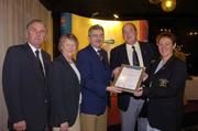 19 November 2004; Ena Cahill, right, Lady Captain, and Christy Hennessy, Captain, Strandhill Golf Club, who were presented with the AIB Connacht Club House Award by Albert Lee, left, President, GUI, Ita  Butler, President, ILGU, and Billy Andrews, General Manager, AIB, at the 2004 AIB Golf Club of the Year Awards. AIB Bankcentre, Ballsbridge, Dublin. Picture credit; Ray McManus / SPORTSFILE