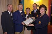 19 November 2004; Roisin O'Doherty, right, Lady Captain, and Frank Gleeson, Captain, Elm Park Golf Club, who were presented with the AIB Leinster Communications Award by Albert Lee, left,  President, GUI, Ita  Butler, centre, President, ILGU, and Billy Andrews, General Manager, AIB, at the 2004 AIB Golf Club of the Year Awards. AIB Bankcentre, Ballsbridge, Dublin. Picture credit; Ray McManus / SPORTSFILE