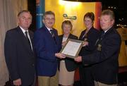 19 November 2004; Dan O'Connell, right, President, and Sylvia Glennon, Lady Captain, Harbour Point Golf Club, who were presented with the AIB Munster Communications Award by Albert Lee, left, President, GUI, Ita  Butler, centre, President, ILGU, and Billy Andrews, General Manager, AIB, at the 2004 AIB Golf Club of the Year Awards. AIB Bankcentre, Ballsbridge, Dublin. Picture credit; Ray McManus / SPORTSFILE