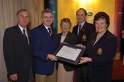 19 November 2004; Roisin O'Doherty, right, Lady Captain, and Frank Gleeson, Captain, Elm Park Golf Club, who were presented with the AIB All-Ireland Communications Award by Albert Lee, left,  President, GUI, Ita  Butler, President, ILGU, and Billy Andrews, General Manager, AIB, at the 2004 AIB Golf Club of the Year Awards. AIB Bankcentre, Ballsbridge, Dublin. Picture credit; Ray McManus / SPORTSFILE