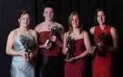 20 November 2004; Dublin players, from left, Bernie Finlay, Cliodhna O'Connor, Mary Nevin and Louise Keegan with their Ladies Football All-Star awards at the O'Neills / TG4 Ladies Football All-Stars. Citywest, Dublin. Picture credit; Brendan Moran / SPORTSFILE