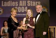 20 November 2004; Geraldine O'Shea of Kerry receives her Ladies Football All-Star award from An Taoiseach Bertie Ahern TD, and President of the Ladies Football Association Geraldine Giles at the O'Neills / TG4 Ladies Football All-Stars. Citywest, Dublin. Picture credit; Brendan Moran / SPORTSFILE